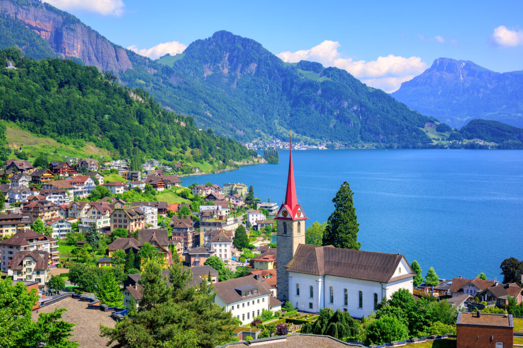 Lake Lucerne and Alps mountains by Weggis, Switzerland